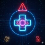 Vindruekerneekstrakt symboliseret ved et medicinsk kors i blå neon med en rosa cirkel i centret. En rød advarselstrekant i toppen. Mørk baggrund.