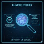 Vindruekerneekstrakt symboliseret ved En lup over nogle celler og teksten Kliniske Studier. Mørk baggrund.