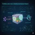 Vindruekerneekstrakt symboliseret ved en lys terning og nogle symboler omkring denne. Mørk baggrund.