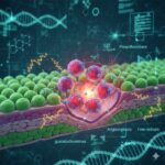 Vindruekerneekstrakt symboliseret ved nogle grønne dna-strenge og noget lagdelt væv med grønne halvcirkler øverst. Disse er angrebet af røde cirkler. Mørk baggrund.
