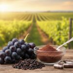 Vindruekerneekstrakt symboliseret ved en klase blå druer, en skål med pulver, kapsler og en vinmark i baggrunden.