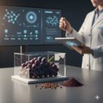 Vindruekerneekstrakt symboliseret ved nogle blå druer samlet i en klar kvadratisk beholder. Dette er placeret i et laboratorie med en kittelklædt der noterer noget. Bag dette en lystavle med figurer og formler.