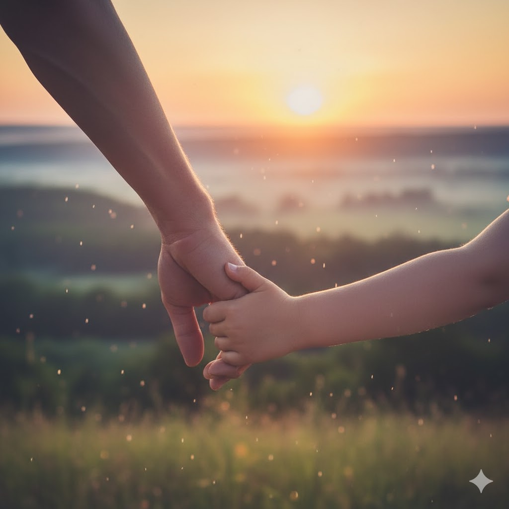 Wilms tumor symboliseret ved en arm fra et barn, der holder hånd med en arm fra en voksen. Ser ud over en eng og solopgang.