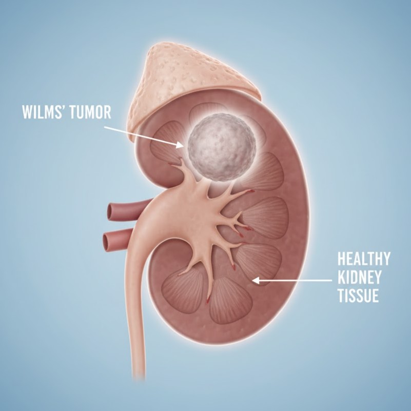 Wilms tumor symboliseret ved principtegning af nyre med blå baggrund.