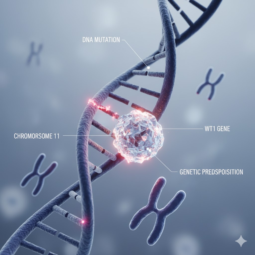 Wilms tumor symboliseret ved en dna-streng og nogle kromosomer der ligger ved siden af. Og en lys cirkel i midten af billedet.