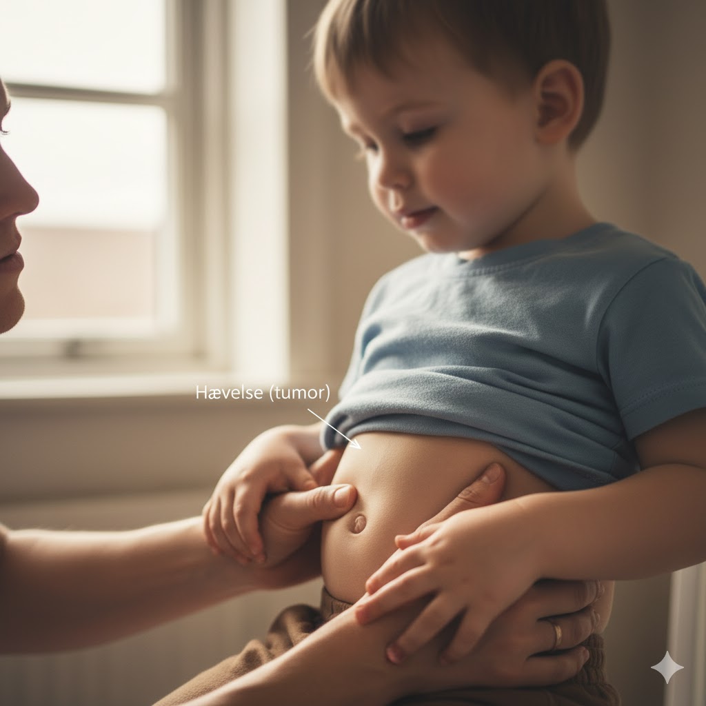 Wilms tumor symboliseret ved et barn, der bliver tykket forsigtigt på maven.