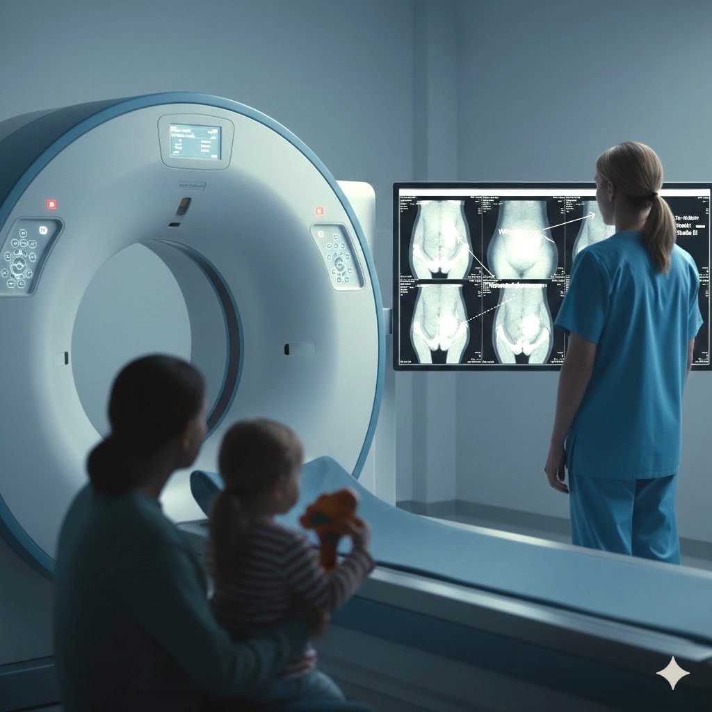 Wilms tumor symboliseret ved et rum med en scanner, en mor og et barn set fra ryggen og en læge i grøn kittel der ser på scanningsbilleder.