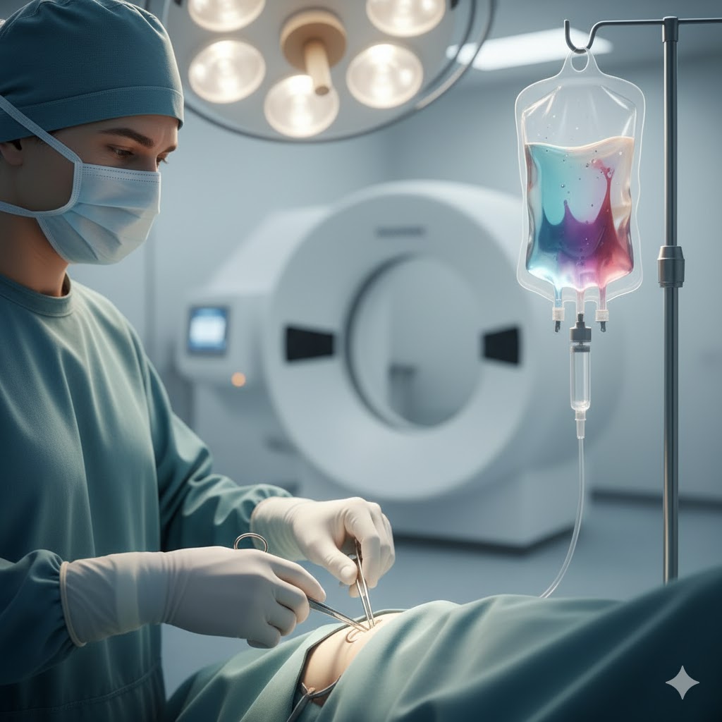 Wilms tumor symboliseret ved en operationsstue, et patient der er afdækket til operation og en læge med kittel, handsker og maske, der opererer. En scanner i baggrunden og et dropstativ med pose.