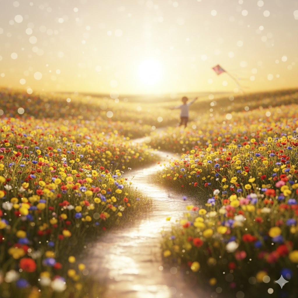 Wilms tumor symboliseret ved en snoet sti gennem en blomstrende eng. Solopgang og lyse farver.