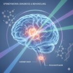 Ependymom symboliseret ved konturerne af en hjerne i lysende streg. Et mere lyst center i midten. Rette stråler der udgår herfra. Blå baggrund.