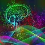 Ependymom symboliseret ved en computer-stregtegning af en ansigt i profil med synlige hjernevindinger. Grønne partikler og lilla partikler mødes ved ansigtet. Mørk baggrund.