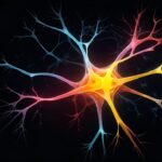 Ependymom symboliseret ved en nervecelle i farver. Lysende på midten. Sort baggrund.