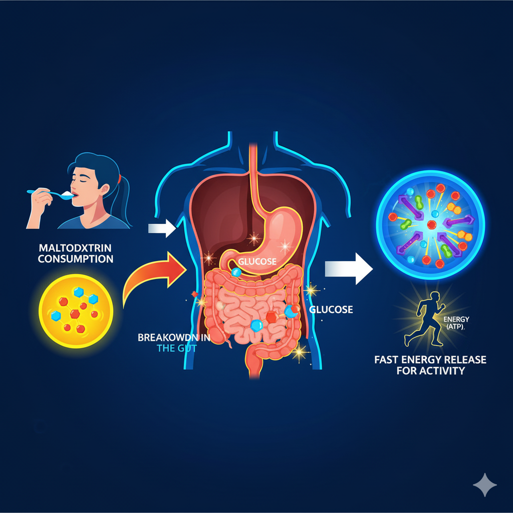 Maltodextrin og kræft symboliseret ved en tegnet planche af en der spiser, et tarmsystem og virkning og yderst til højre en blå rund form.