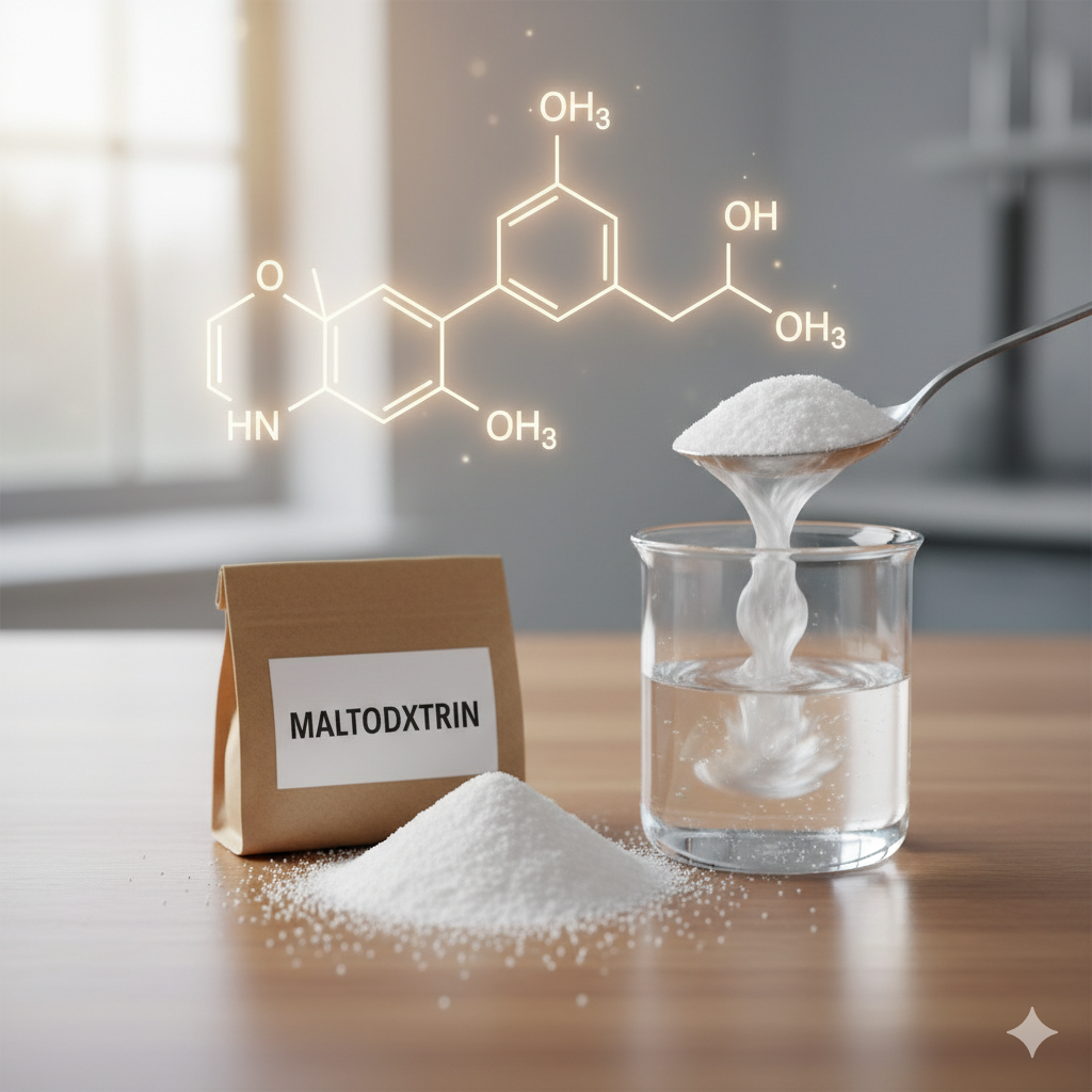 Maltodextrin og kræft symboliseret ved et røreglas med væske, hvor der hældes hvidt pulver i. Ved siden af en brun pose med påskriften Maltodextrin og noget pulver.