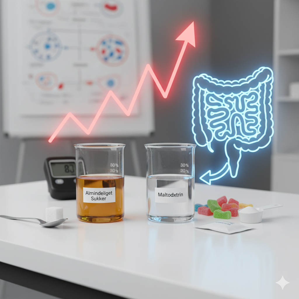 Maltodextrin og kræft symboliseret ved to røreglas med væske og en tegning af tarmsystemet og en rød lyspil, der indikerer hurtig stigning i blodsukker.