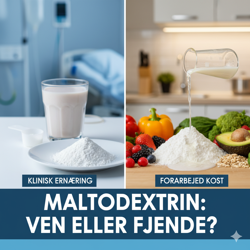 Maltodextrin og kræft symboliseret ved et to-delt billede med et glas og en tallerken med pulver til venstre og pulver og grøntsager og frugter til højre.