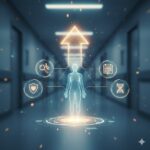 Multipel Endokrin Neoplasi symboliseret ved et lysende menneske, en bred korridor. En lysende pil op. Og nogle runde markeringer med symboler.