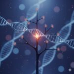 Multipel Endokrin Neoplasi symboliseret ved blå baggrund med 3 dna-strenge, der krydser over hinanden. En forgrening i sort i baggrunden.