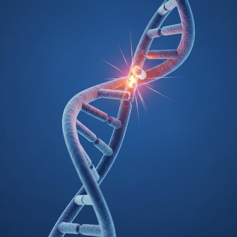 Multipel Endokrin Neoplasi symboliseret ved en dna-streng med et lyst punkt med et brud i midten. Og blå baggrund.