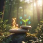 Multipel Endokrin Neoplasi symboliseret ved en skov med en opstilling af sten i zen-formation. Derpå balancerer et stykke dna-streng og en plantespire.