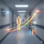 Multipel Endokrin Neoplasi symboliseret ved en hospitalsgang med et lysende modelmenneske. Der er en kurve i lys henover dette samt et søjlediagram i forgrunden til højre.