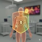 Multipel Endokrin Neoplasi symboliseret ved et skjold i gennemsigtigt neon. En modelfigur. Det er placeret i et behandlingsrum.