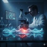 Multipel Endokrin Neoplasi symboliseret ved en mand med kittel, der kigger i et mikroskop. I baggrunden en pc-skærm. I forgrunden en lysende dna-streng. Blå baggrund.