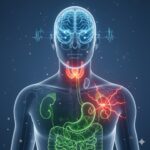 Multipel Endokrin Neoplasi symboliseret ved overkroppen i streg af et menneske. Man kan se skjoldbruskkirtel, tarmkanal, nyre. Blå baggrund.