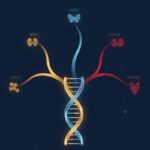 Multipel Endokrin Neoplasi symboliseret ved en dna-streng i lysende farve. Fra toppen af denne går 5 strenge i forskellig farve, der illustrerer typer af MEN.
