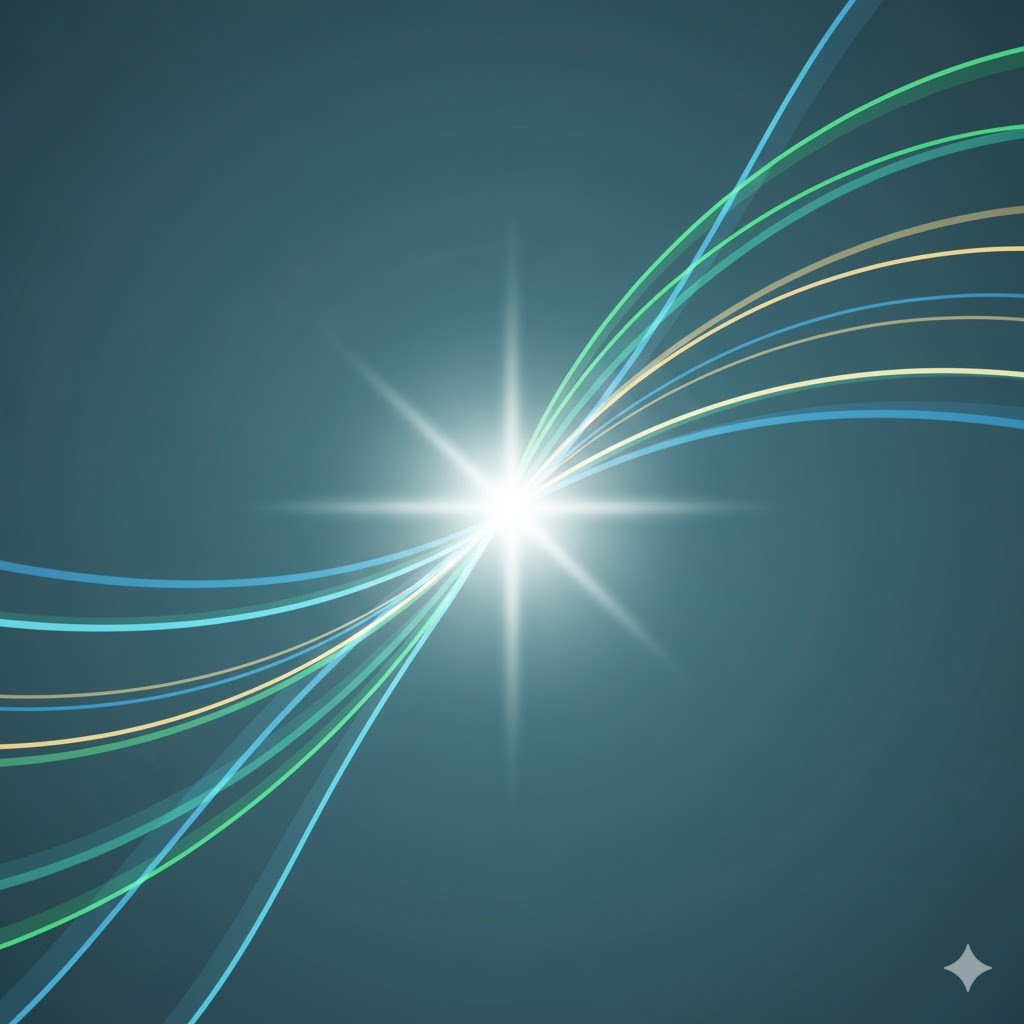 AHCC symboliseret ved en lysende stjerne i midten og let kurvede farvestreger der udgår som bundt fra denne - og spredes i periferien.