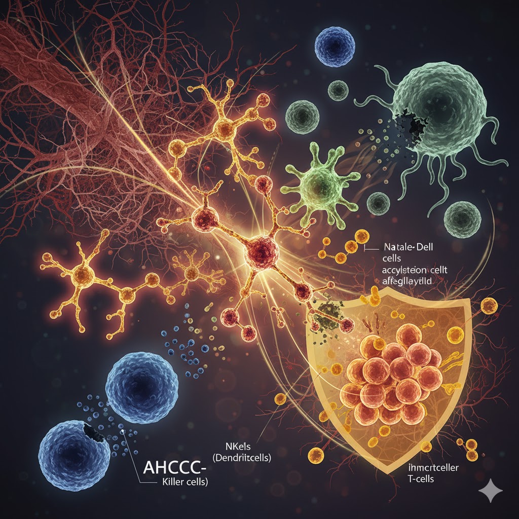 AHCC symboliseret ved forskellige celler i forskellige farver. Disse forestiller at være gunstigt påvirket af AHcc. Der indgår også et skjold i tegningen.