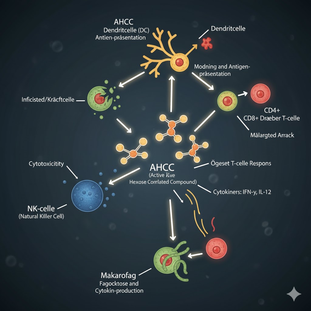 AHCC symboliseret ved en planche med molekyler, og cirkler der angiver virkninger. Blå baggrund.