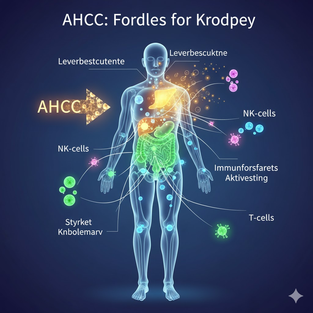 AHCC symboliseret ved en planche med et menneske og forskellige påvirkninger der er fordelagtige for mennesket. Blå baggrund.