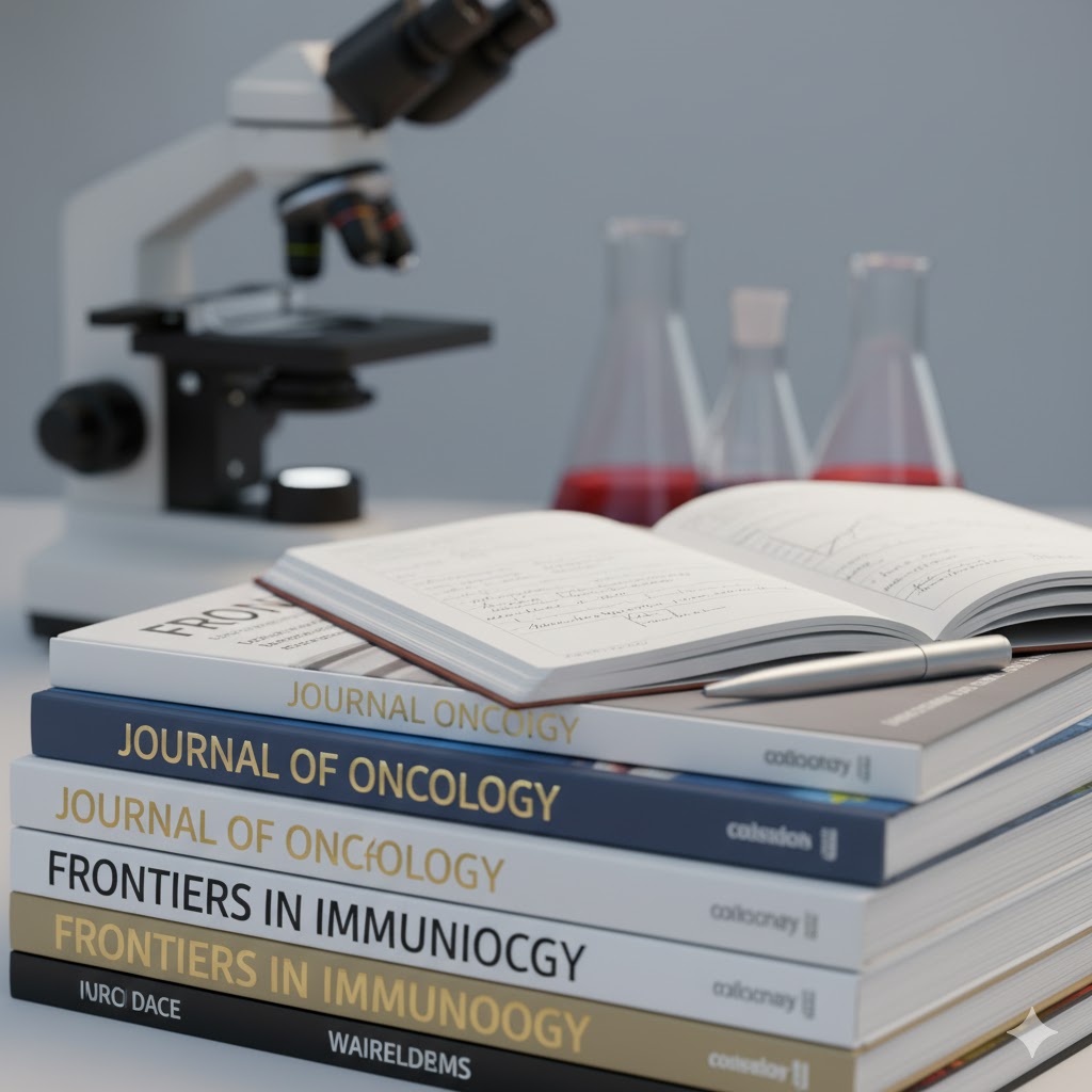 AHCC symboliseret ved et mikroskop og nogle bøger om bl.a. immunterapi. I baggrunden nogle bægerglas.