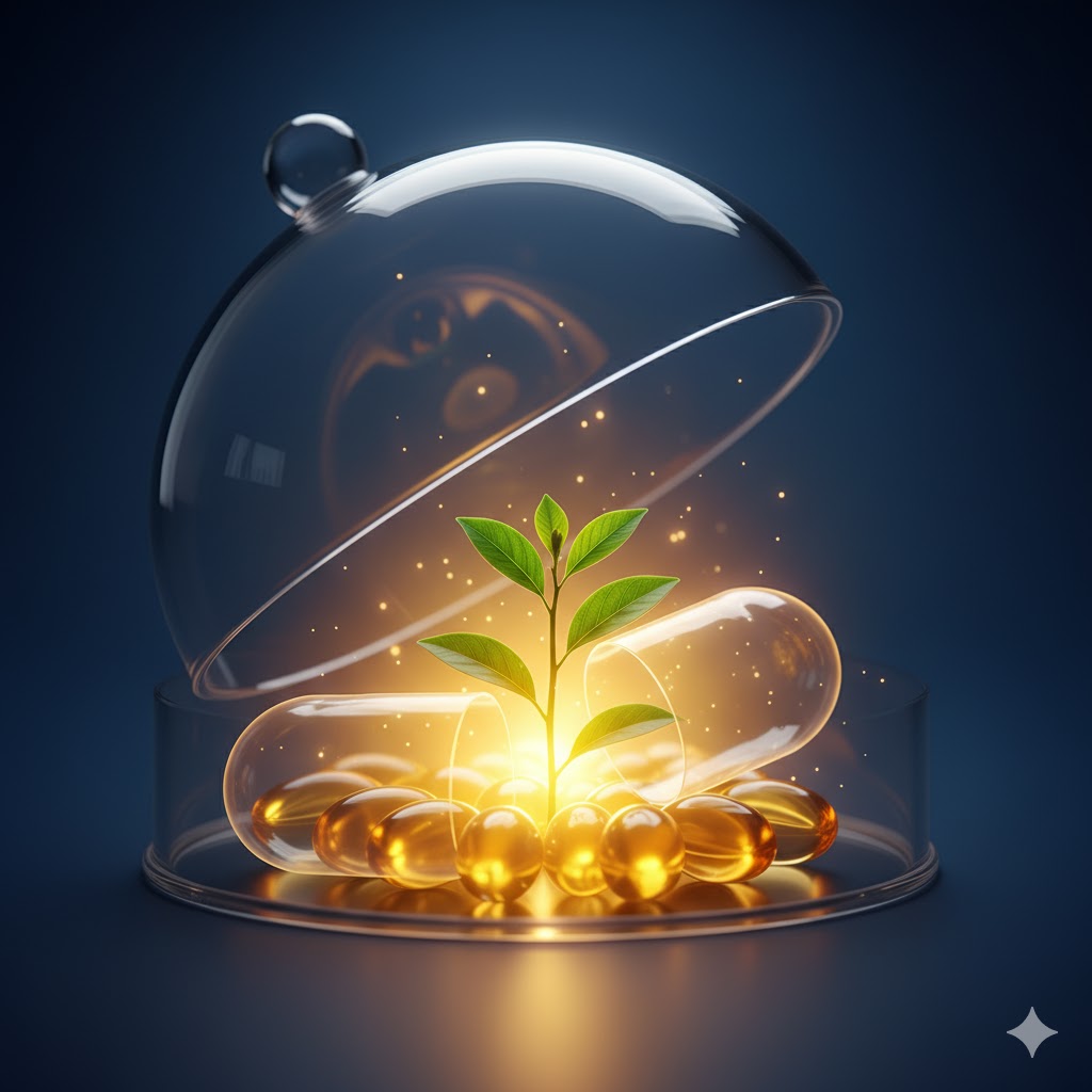 AHCC symboliseret ved en glasklokke, hvor der ligger en overdimensioneret kapsel og der også er en grøn spire - der dog ikke ligner en svampespire). Blå baggrund.