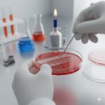 Cytologisk undersøgelse symboliseret ved en petriskål med rød masse. Hænder med handsker holder denne. Et par kolber i baggrunden og stativ til prøver.