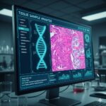 Cytologisk undersøgelse symboliseret ved en computorskærm med et felt til højre med rosa celler forstørret og til venstre en dna-streng. Desuden tekst omkring dette.