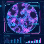 Cytologisk undersøgelse symboliseret ved en skærm, hvor der ses nogle grafer i søjleformat og et stort cirkulært felt med celler i rosa og turkis. Baggrund mørk blå.