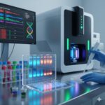 Cytologisk undersøgelse symboliseret ved flere skærme i et laboratoriemiljø.