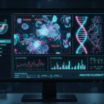 Cytologisk undersøgelse symboliseret ved en skærm hvor der vises celler i lys blå til venstre og en dna-streng i rosa og turkis til højre. Mørk baggrund.