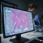 Mikrobiologiske undersøgelser symboliseret ved computerskærm med rosa celler og tekstfelt til venstre i billedet. Dette placeret i laboratoriemiljø.