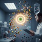 FLCCC's rangering af repurposed drugs symboliseret ved en lysende kerne og nogle piller og kapsler der roterer omkring den. En mand i kittel der ser på en tablet og et drop.