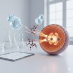 FLCCC's rangering af repurposed drugs symboliseret ved en overskåret model af en celle. Ved den molekyler og bobler og lysende enheder.