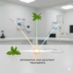 FLCCC's rangering af repurposed drugs symboliseret ved lys baggrund og nogle grønne urter og piller forbundet med streger.