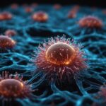 Histologisk undersøgelse symboliseret ved rosa-røde kugleformede vækster med små pigge. Blå forbindelsesveje imellem disse. Mørk baggrund.