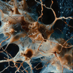 Histologisk undersøgelse symboliseret ved brunlige celler med fangarme. Hvid struktur omkring disse. Mørk baggrund.