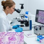 Histologisk undersøgelse symboliseret ved en kvinde der kigger i et mikroskop i et laboratorie. I forgrunden et rektangel med rosa vævsstruktur. Ved siden af hende en skærm med rosa visning.