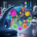 Mikrobiologiske undersøgelser symboliseret ved en petriskål holdt op af en behandsket hånd. Et laboratorielokale i baggrunden.