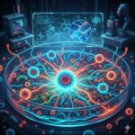 Mikrobiologiske undersøgelser symboliseret ved en stor cirkulær flad skålform, der fylder næsten hele billedet. Nogle celler placeret i denne. De har fangarme ud mod hinanden. Farverne er rosa og turkis. En computerskærm bag dette. Mørk baggrund.