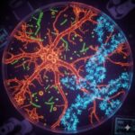 Mikrobiologiske undersøgelser symboliseret ved forstørrelse af celler i blålige, brunlige og mørke farver. Mørk baggrund.